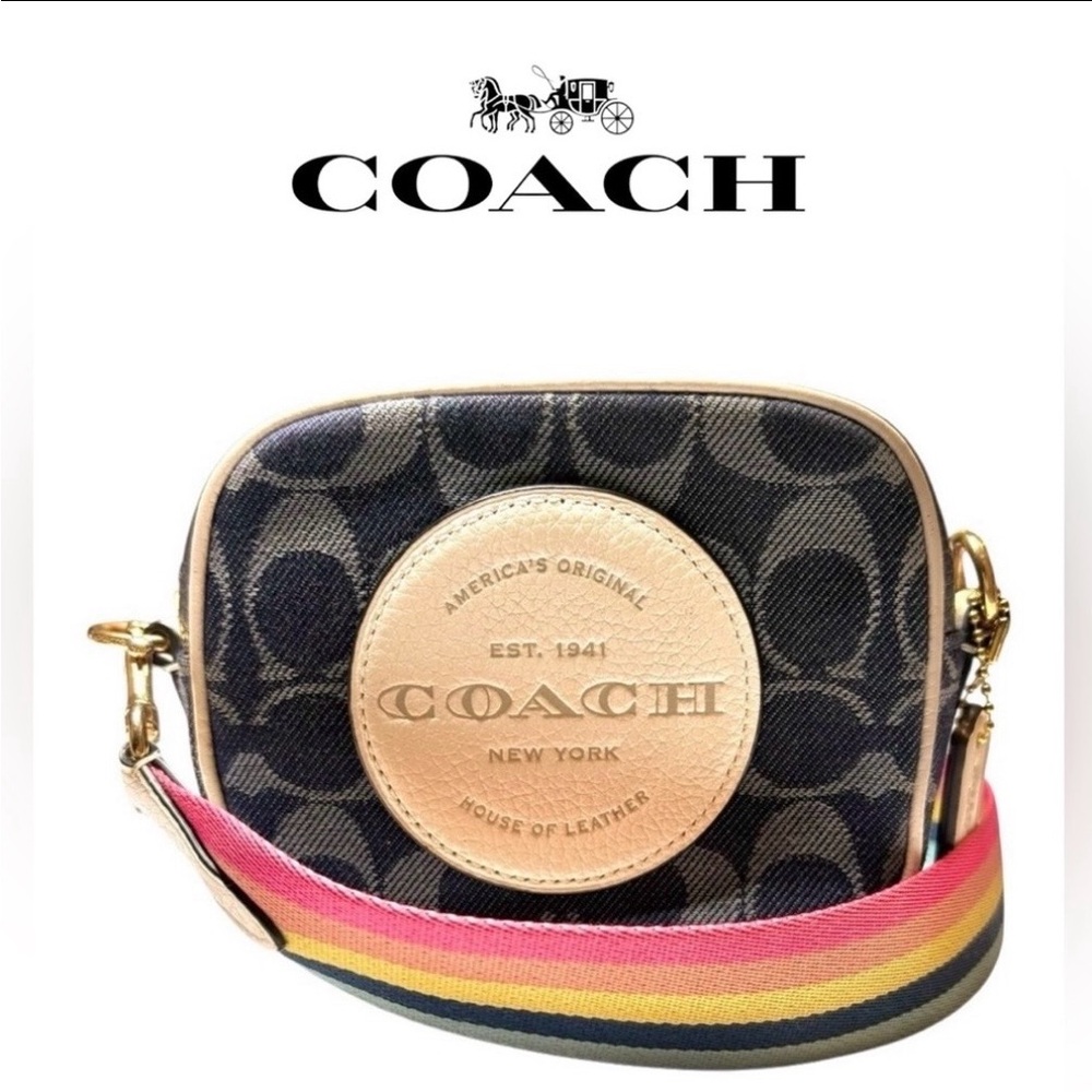 Coach Mini Dempsey Camera Bag in Signature Denim with Rainbow Web Strap